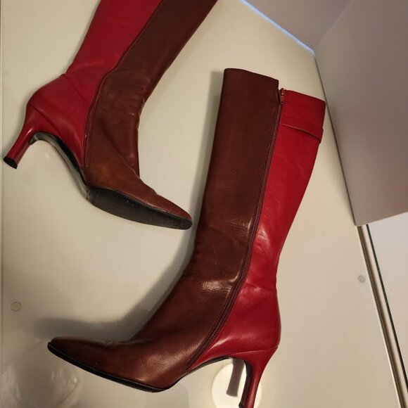 Salvatore Ferragamo Two-Tone Red & Brown Leather Heeled Boots - Picture 7 of 7